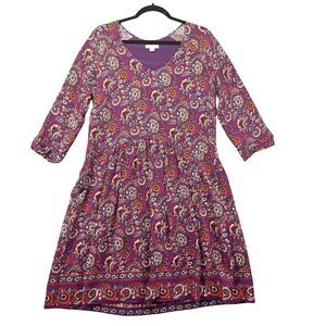 Garnet Hill Dress Women's 8 Purple Floral Paisley Boho 3/4 Sleeve Cottagecore